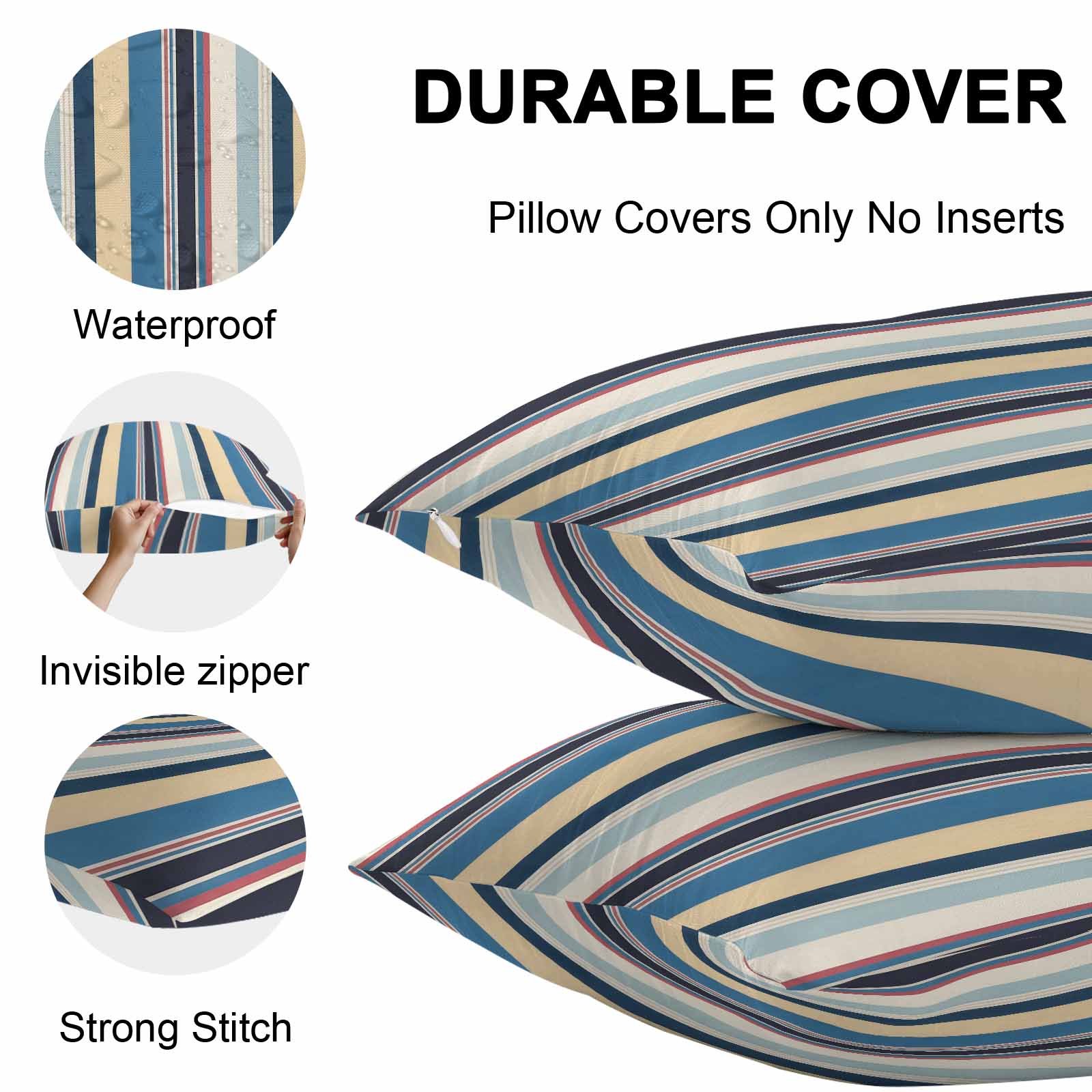 Vintage Stripes Outdoor Pillow Covers Set of 2 Black Yellow Blue Striped Retro Lines Waterproof Throw Pillow Case Decorative Square Cushion Cover for Patio Couch Garden Balcony, 20"x12"