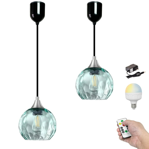 Kiven Battery Operated Pendant Light with Remote Control, Rechargeable Hanging Pendant Light Adjustable Height with Green Glass Globe for Bedroom Kitchen Bar Living Room(Set of 2)