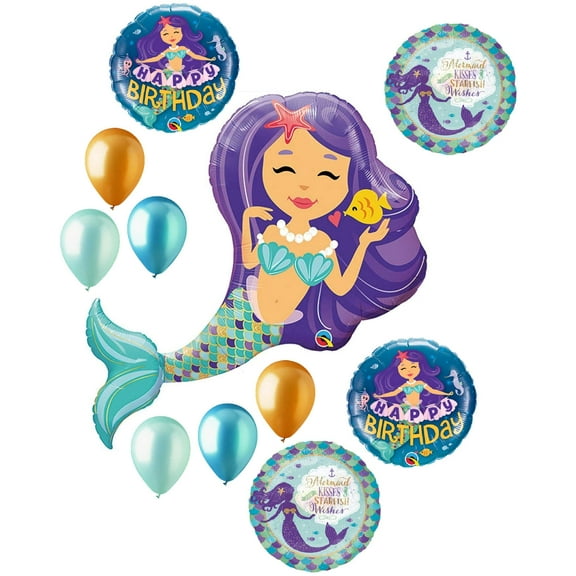 DalvayDelights Mermaid Kisses and Starfish Wishes 11 Piece Happy Birthday Mylar and Latex Balloons Party Supplies