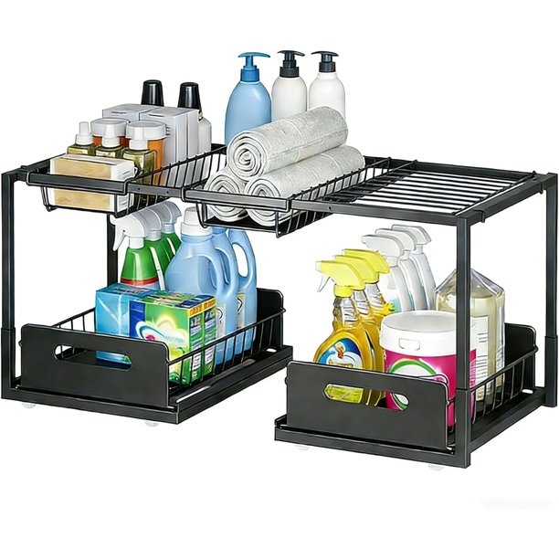 Organizador Bajo Fregadero de 2 Niveles, Estantería de Cocina Extensible de Dos Niveles, Organizador de Fregadero, Gabinete para Fregaderos, Armarios, Cocinas y Baños (Negra Cesta Doble)