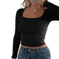 thumbnail image 4 of Gupgi Women Ruched Crop Top Long Sleeve Square Neck Slim Basic Solid Tee Shirt, 4 of 7