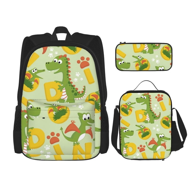 Disketp Cartoon Dinosaurs Mochila Estampada de Gran Capacidad con Lonchera y Estuche, Set de 3 Piezas para Estudiantes