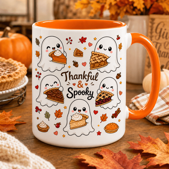Coffee Cup Ghost Holding a Pie Slice Ceramic Coffee Mug for Fall Drinks Thanksgiving Fans