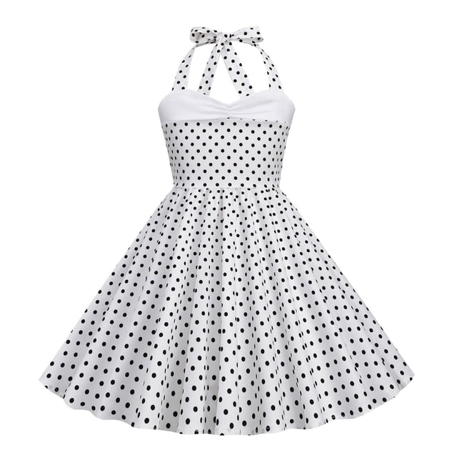 XQYLOS Robe à Col Halter Filles Années 1950 Rétro à Pois Robe Trapèze Vintage Robe de Soirée avec Nœud Accent Taille Ajustable