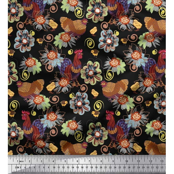 Soimoi Polyester Crepe Fabric Floral,Cock & Hen Bird Decor Fabric Printed Yard 42 Inch Wide