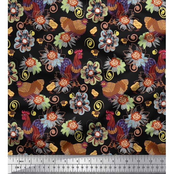 Soimoi Cotton Voile Fabric Floral,Cock & Hen Bird Print Fabric by Yard 42 Inch Wide