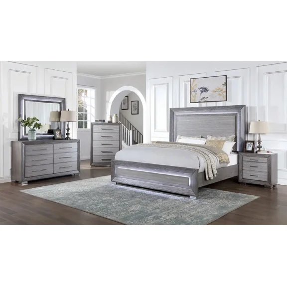 New Transitional Queen Size Bed Dresser Mirror Nightstand 4pc Set Gray Color Wooden LED HB FB