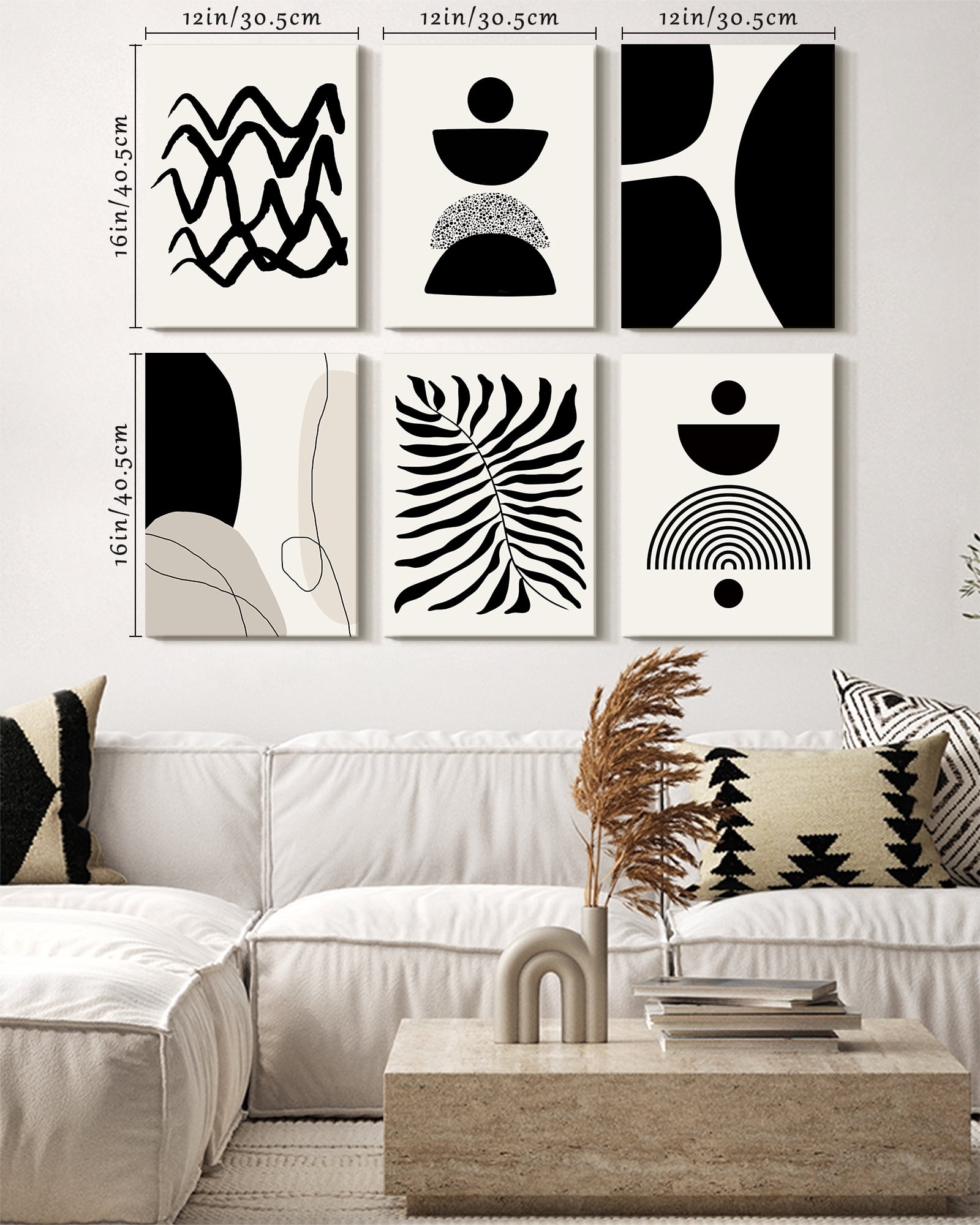 Drsoum Abstract Boho Wall Art Minimalist Black Beige Line Decor Painting Posters for Living Room 12x16in6pcs Natural Framed