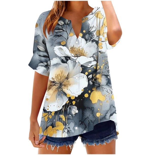 Camisetas Casuales de Mujer con Cuello en V de Manga Corta Suelta de Moda Botón de Verano Impreso Poliéster para Uso Diario Casual