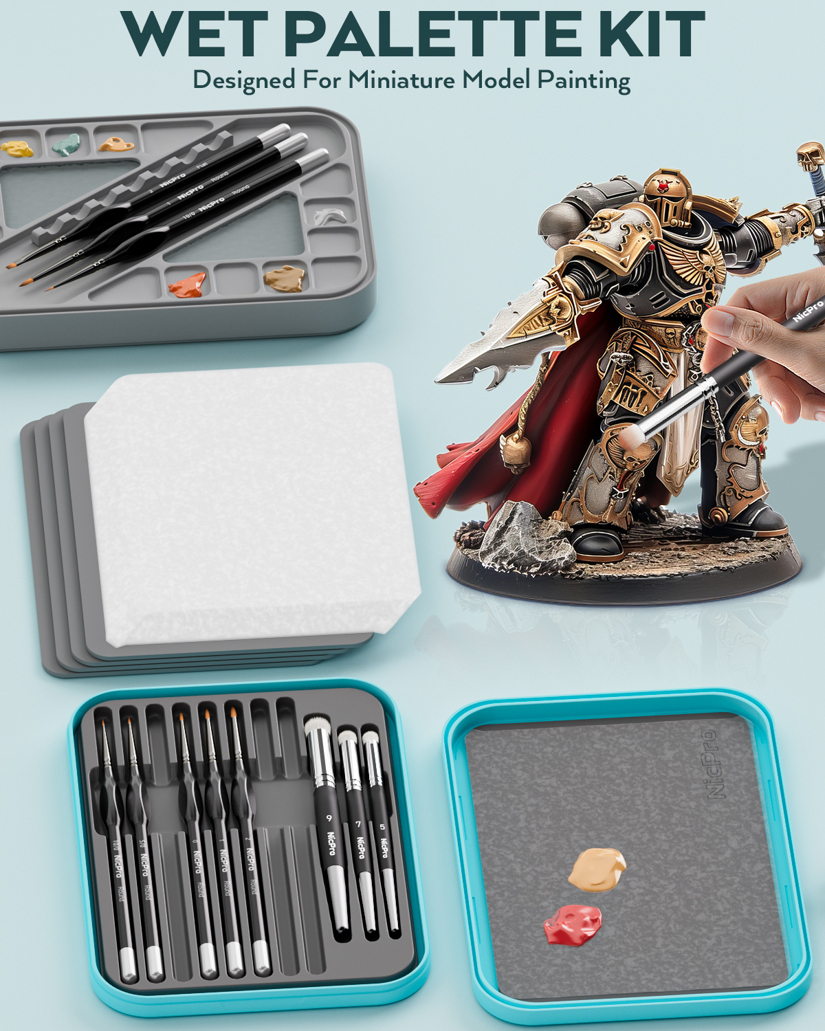 Nicpro Miniature Painting Kit with Wet Palette & 11PCS Detail Paint Brushes Drybrush, 100PCS Wet Pallet Paper, 4PCS Sponge, Brush Holder Mixing Paint Saver Palette for Model Painting
