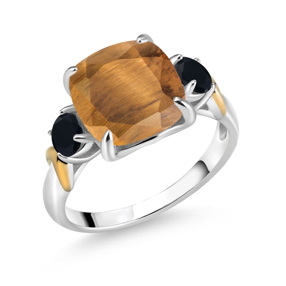 Gem Stone King 925 Silver and 10K Yellow Gold Brown Tiger Eye and Black Onyx 3 Stone Ring for Women (3.94 Cttw, Gemstone Birthstone, Cushion 10MM, Round 4MM, Size 5)