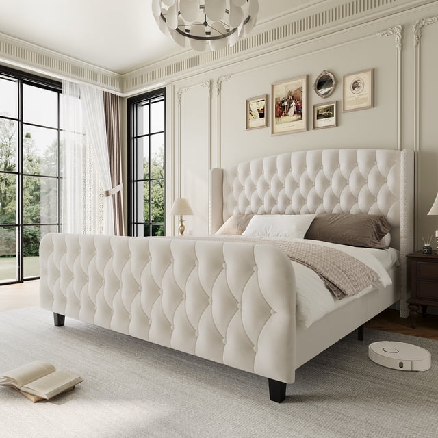 Queen Bed Frame, Velvet Upholstered Platform Bed Frame with Button Tufted and Nail head Trim Wingback Headboard, Sturdy Wood Slats Support Bed Frame, No Box Spring Needed