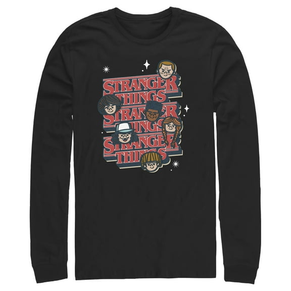 Netflix Men's Stranger Things The Gang Cartoon Logo Long Sleeve Shirt Black X Large