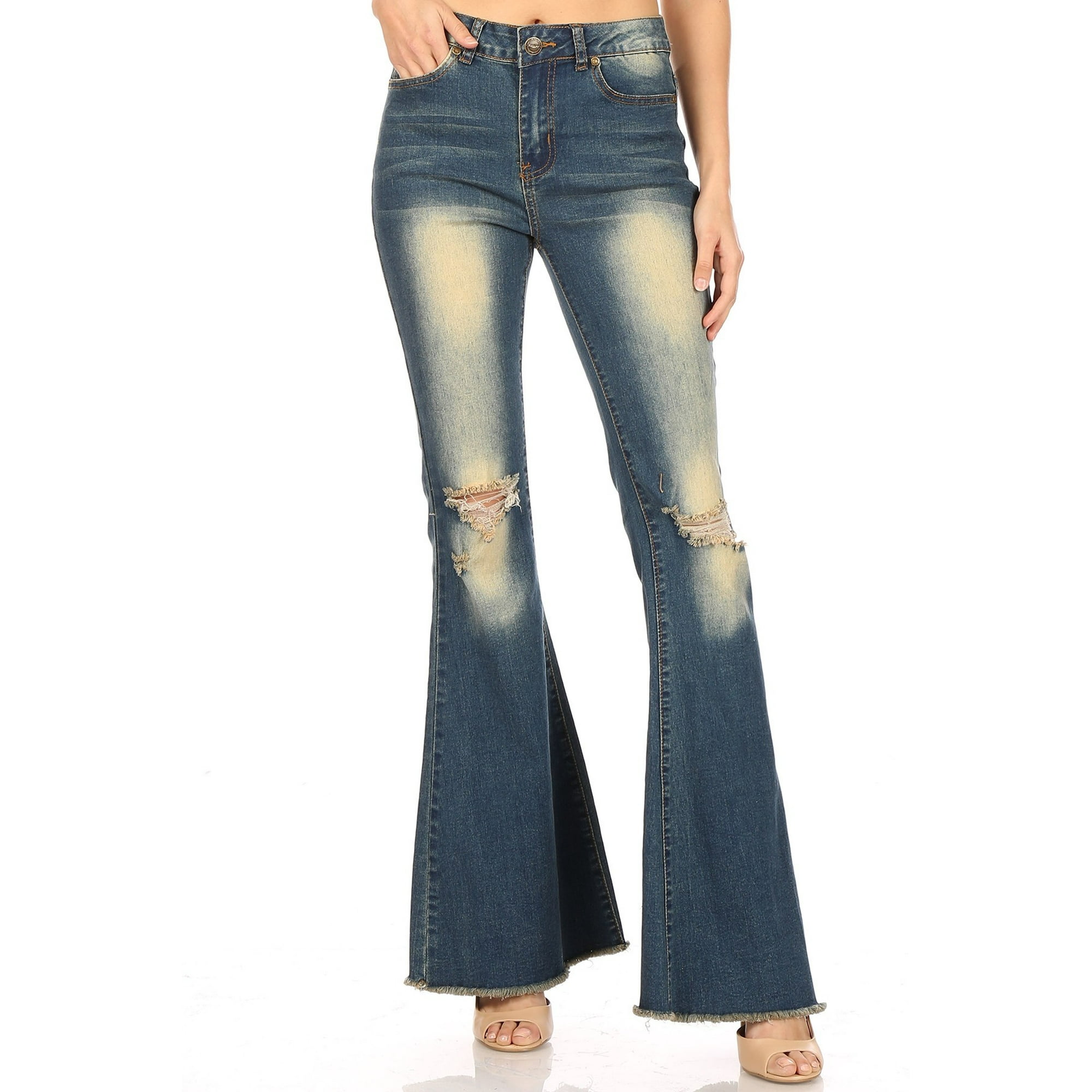 Women S Juniors Ripped Distressed Bell Bottom High Waist Flared Bootleg Jeans Walmart Canada