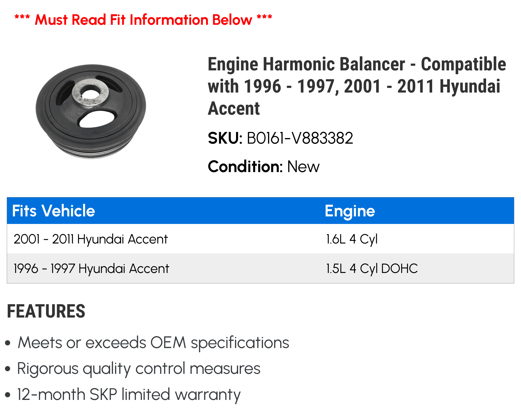 Engine Harmonic Balancer - Compatible with 1996 - 1997, 2001 - 2011 Hyundai Accent 2002 2003 2004 2005 2006 2007 2008 2009 2010