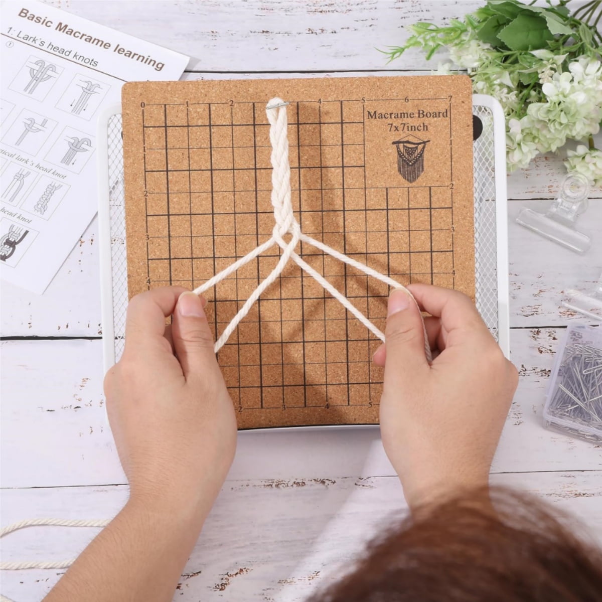 44 Pcs Macrame Board Set, Kvago Metal Adjustable Holder with 30 T Shaped Pins, Double Sided Gridss, Macrame Tools and Supplies for Bracelet Creating, Knotting Creations (7x7 inch)