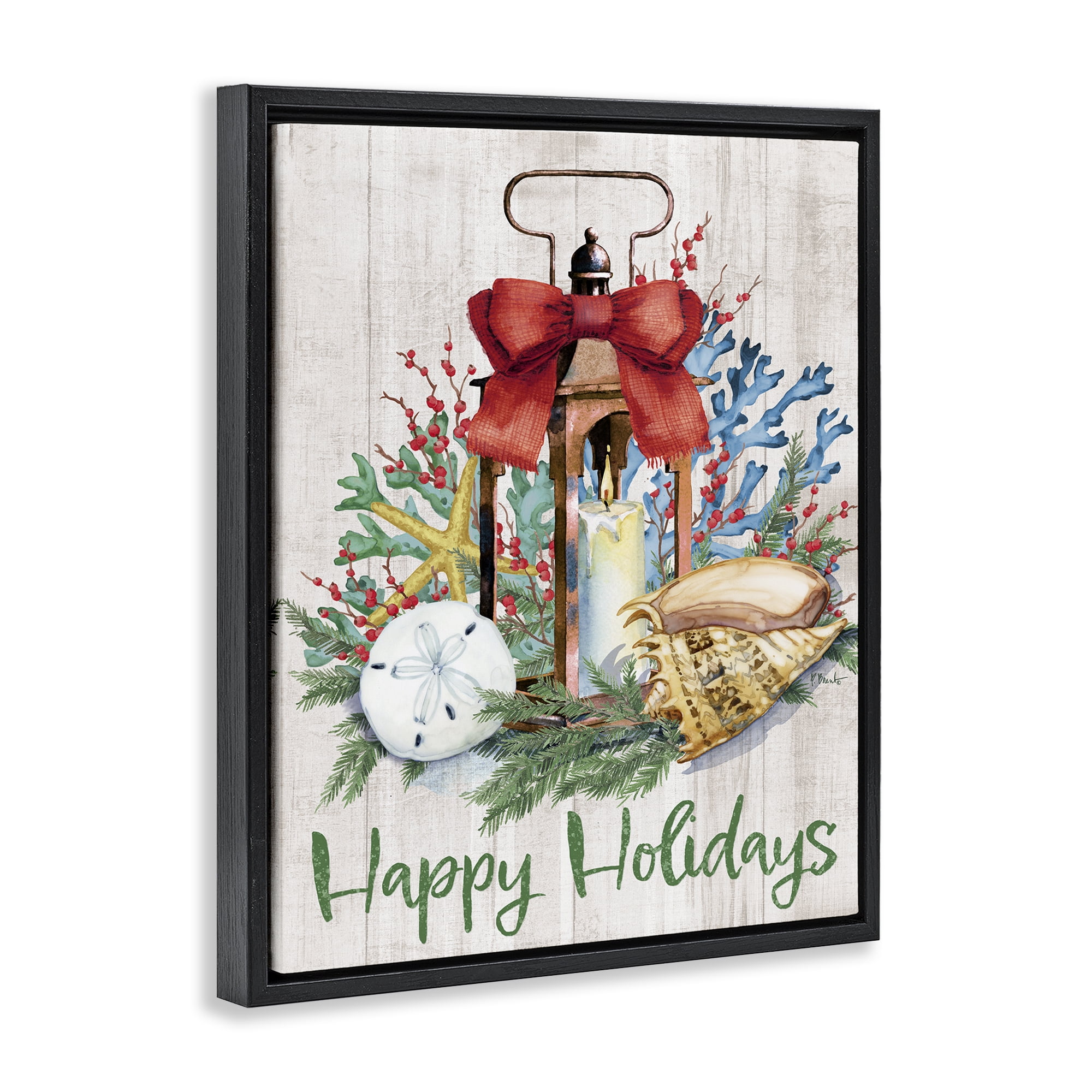 Stupell Industries Happy Holidays Nautical Lantern Holiday Painting Black Floater Framed Canvas Art Print Wall Art, 17 x 21