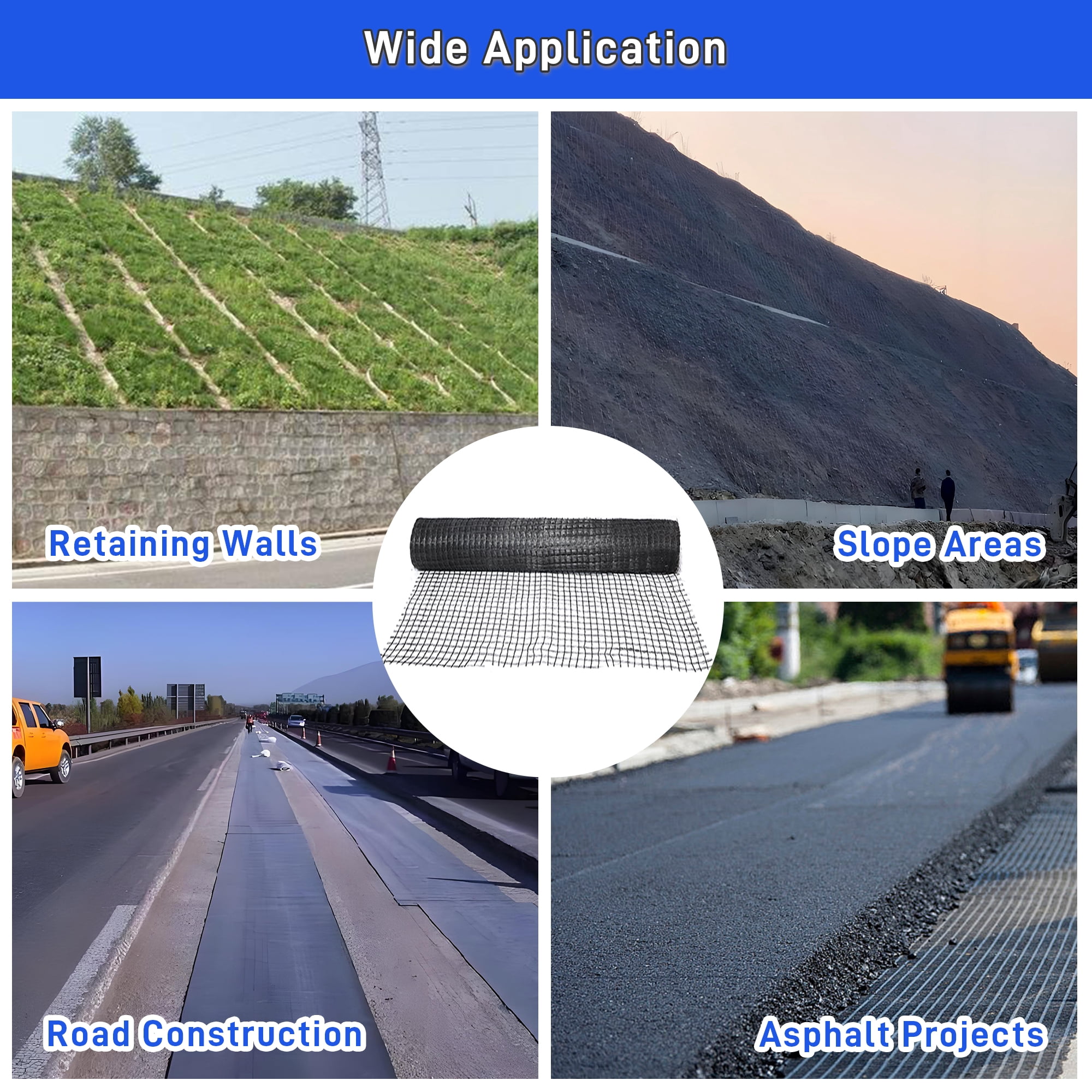 Universal Geogrid Roll Retaining Wall Fiberglass Geogrid, 3.84ft x 164ft 50KN Tensile Strength Driveway Ground Gravel Grid with Mounting Screws for Asphalt Pavement and Soil Road Slope Reinforcement