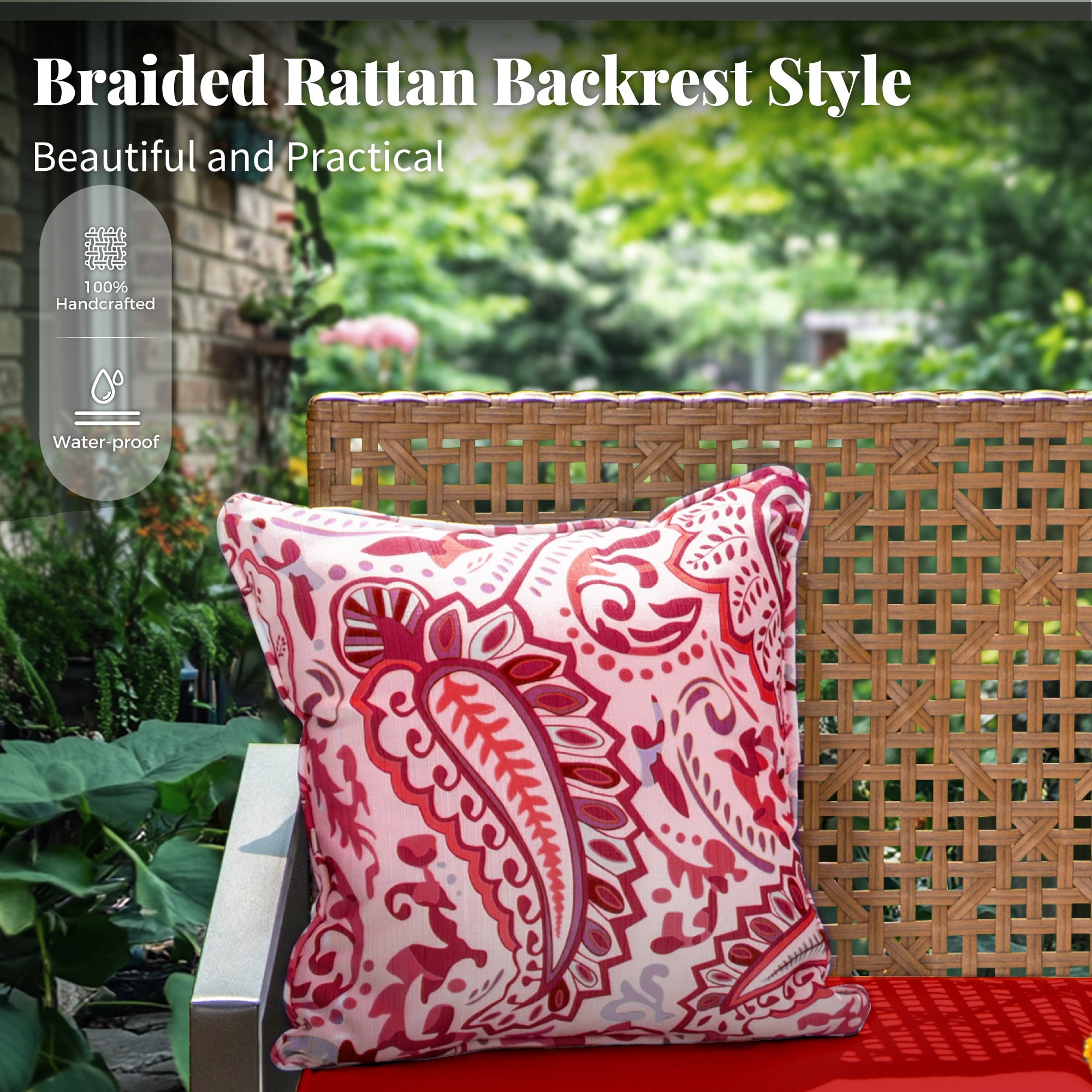 MF Studio 4-Piece All-Weather Rattan Patio Furniture Set, Outdoor Conversation Set with Wood Table, Brown and Red