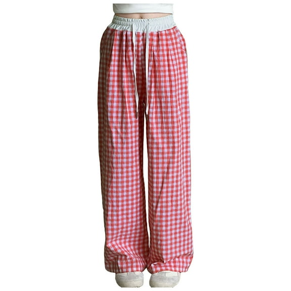 Sopiago Girls Casual Checkered Pants Drawstring Elastic Waist Comfy Girls Loose Pants Straight Wide Leg Plaid Pants with Pockets 5-6 Years,Red