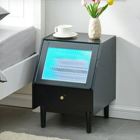 CLIPOP LED Nightstand, Black Bedside Table with Drawer, Solid Wood Legs, Flip Hidden Fluted Glass Door Night Stand for Bedroom, Small Space