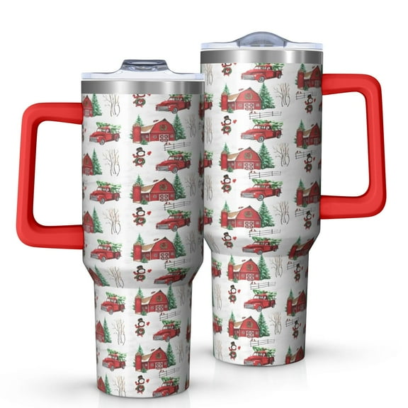 Red Christmas Farm and Truck Pattern Tumbler with Handle and Lid,40oz Double Wall Vacuum Insulated Tumbler,Cups Gift for Women and Men