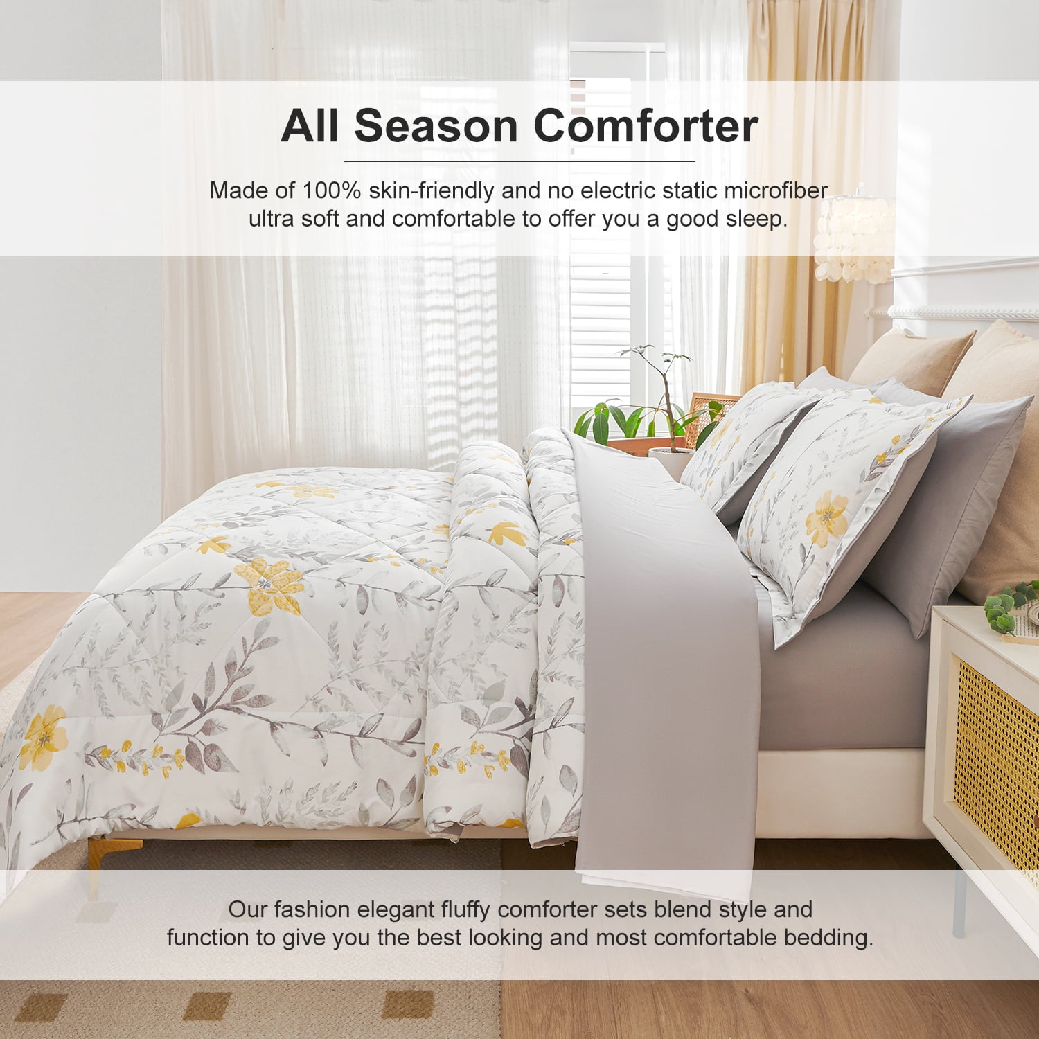 Jessy Home 3 Piece Comforter Set Queen Yellow Floral Quilt Microfiber Patchwork Bedspread