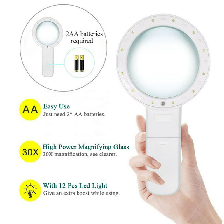Haobase 30x High Handheld Strong Magnifying Glass with 12 LED 