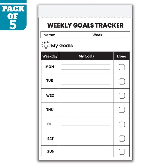 Weekly Goals Tracker Notepad 5.5 x 8.5 Inch, Pack of 5 Goal Planner Pads, 50 Sheets Per Pad, Weekly Task Planning Notebook for Home, Office, School, Made in USA