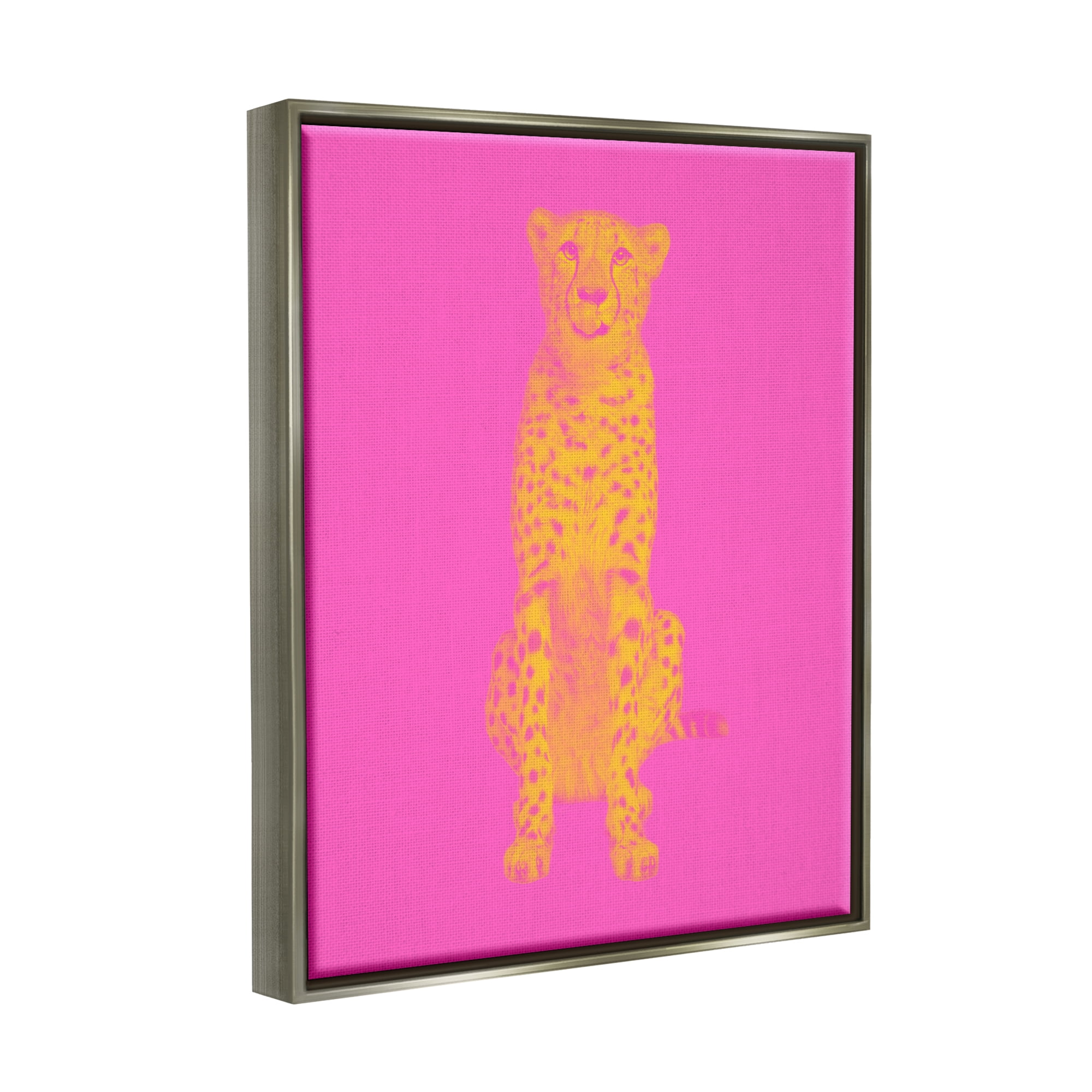 Stupell Industries Pop Pink & Yellow Leopard Animals & Insects Painting Gray Floater Framed Canvas Art Print Wall Art, 25 x 31