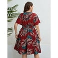thumbnail image 2 of FlorCurve Plus Size Dresses for Women Short Sleeve Surplice V Neck Midi Dress A-Line Floral Print Summer Casual Beach Sundress, Red XL, 2 of 7
