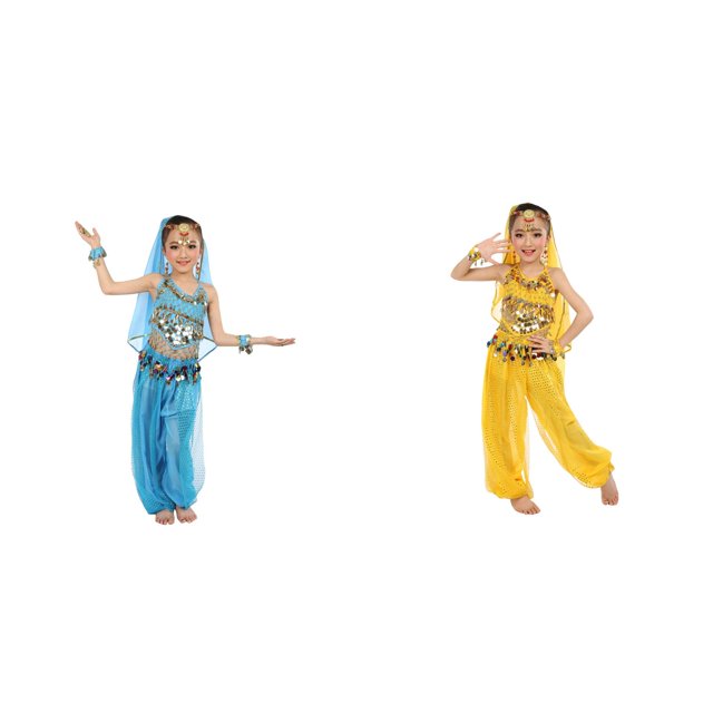 (2-Pack) Rinsvye Kids Belly Dance Glitter Mesh Performance Outfit Festival Wear Stage Show Net Skirt Top Set Dance Party