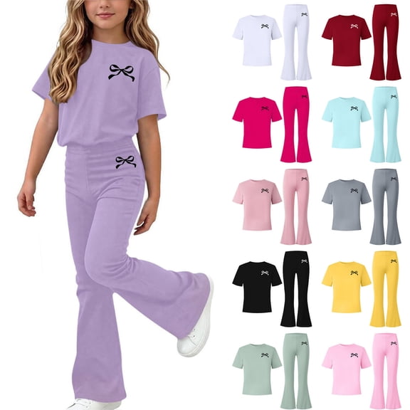 akafmk Fashion Girls Summer Outfits Round Neck Short Sleeve Tshirts Flare Pants Casual Outdoor Vacation Matching Sets 5-15 Years