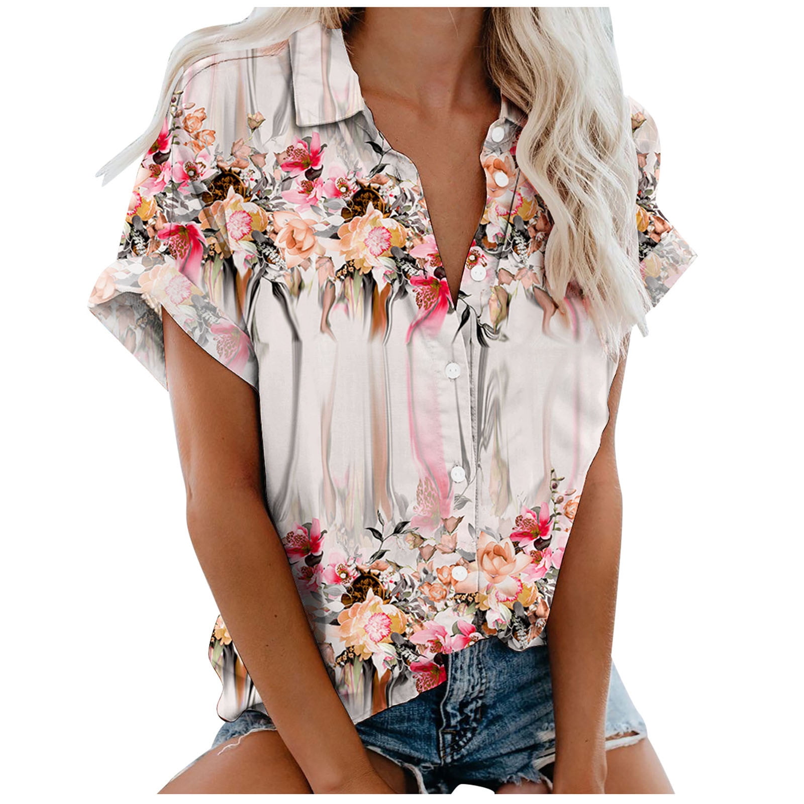 Hvyesh Womens Short Sleeve Button Down Shirts Floral Print Casual