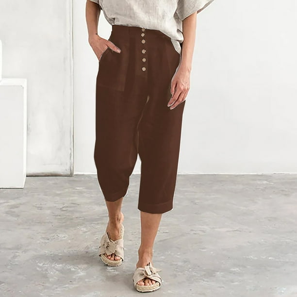 Womens Cotton Linen Pants Casual Elastic Waisted Capri Pants Solid Color  Leg Petite Jogger Cropped Pants with Pockets