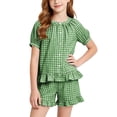 thumbnail image 5 of Girls 2 Piece Plaid Suit Puff Short Sleeve Crew Neck Tops Elastic Waist Short Ruffled Hem Cute Casual Outfits (7-8 Years, Green), 5 of 8