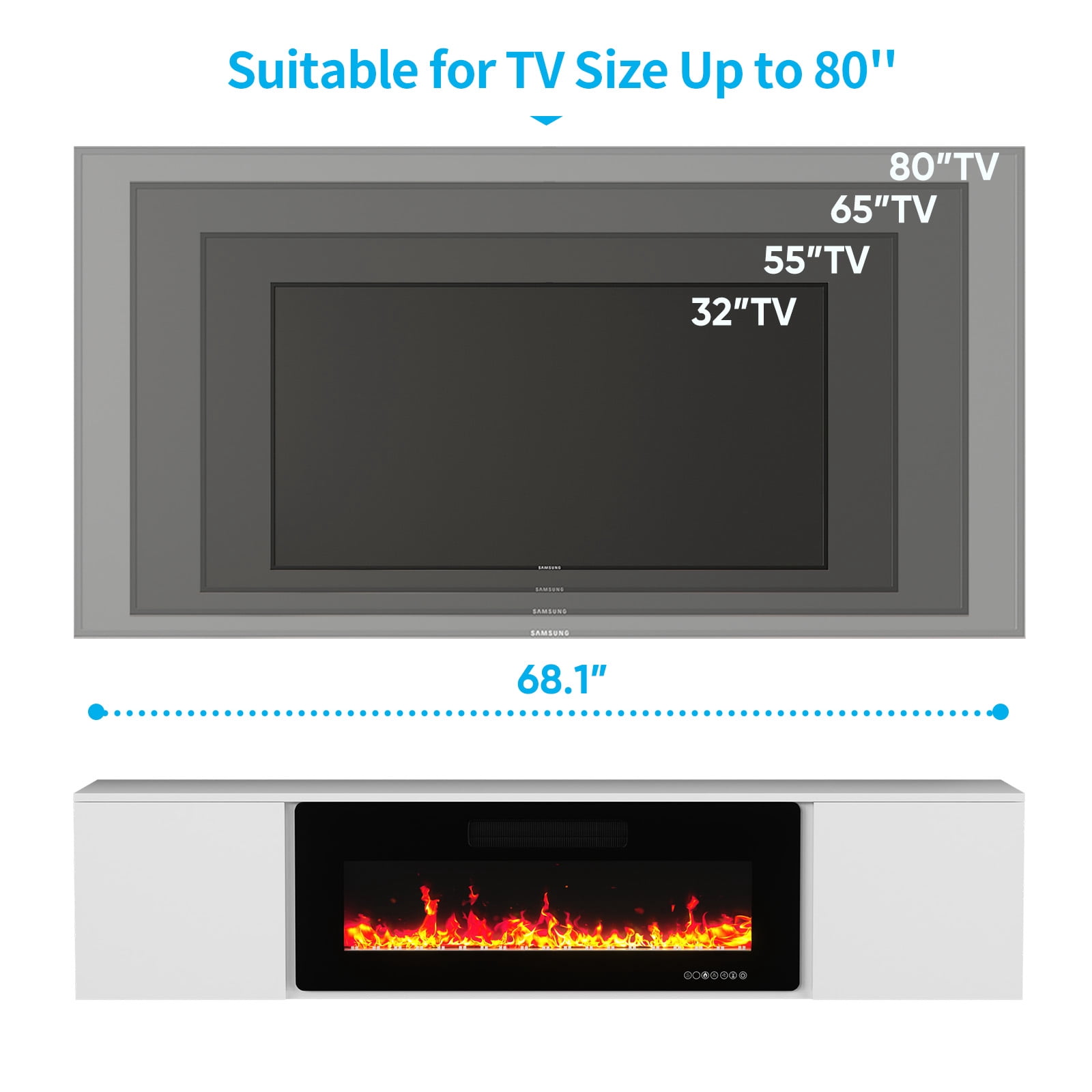 TABU 70" Floating Fireplace TV Stand with 36" Electric Fireplace,Wall Mounted TV Stand with Fireplace for TVs up to 90",White
