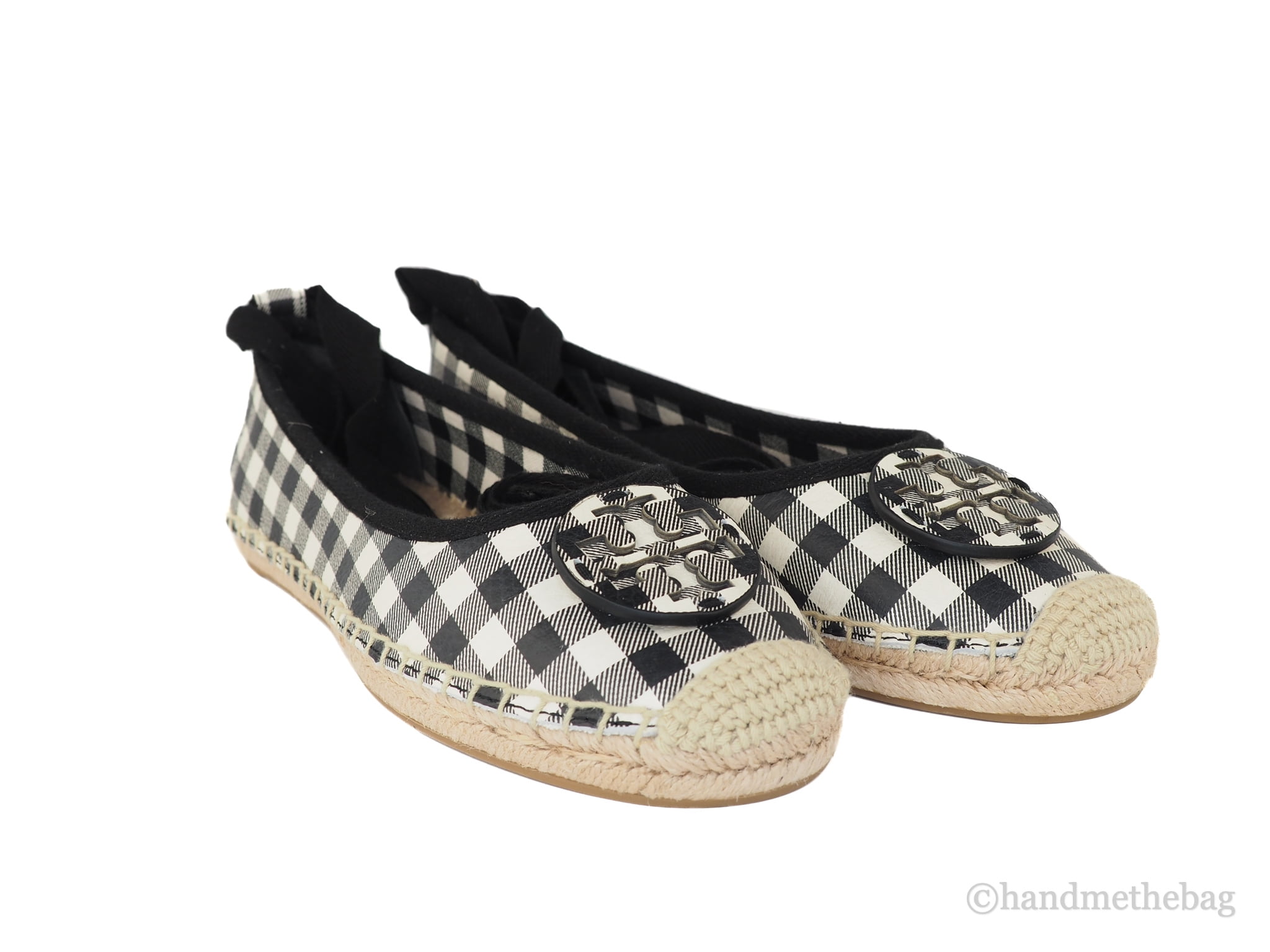 Tory Burch (82969) Minnie Printed Tumbled Leather Ballet Flat Espadrille Ribbon  Shoes (US ; Black/New Ivory Gingham) 