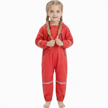 mgoYE Toddler Kids Rain Suit 7-8 Years for Boys Girls One Piece Hoodie Waterproof Coverall Lightweight Rain Jacket Red