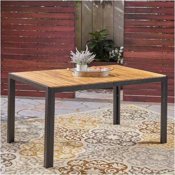 JERFIT 59 inch Acacia Wood Outdoor Dining Table, Teak Finish Modern Patio Table with Black Iron Base for Garden, Backyard
