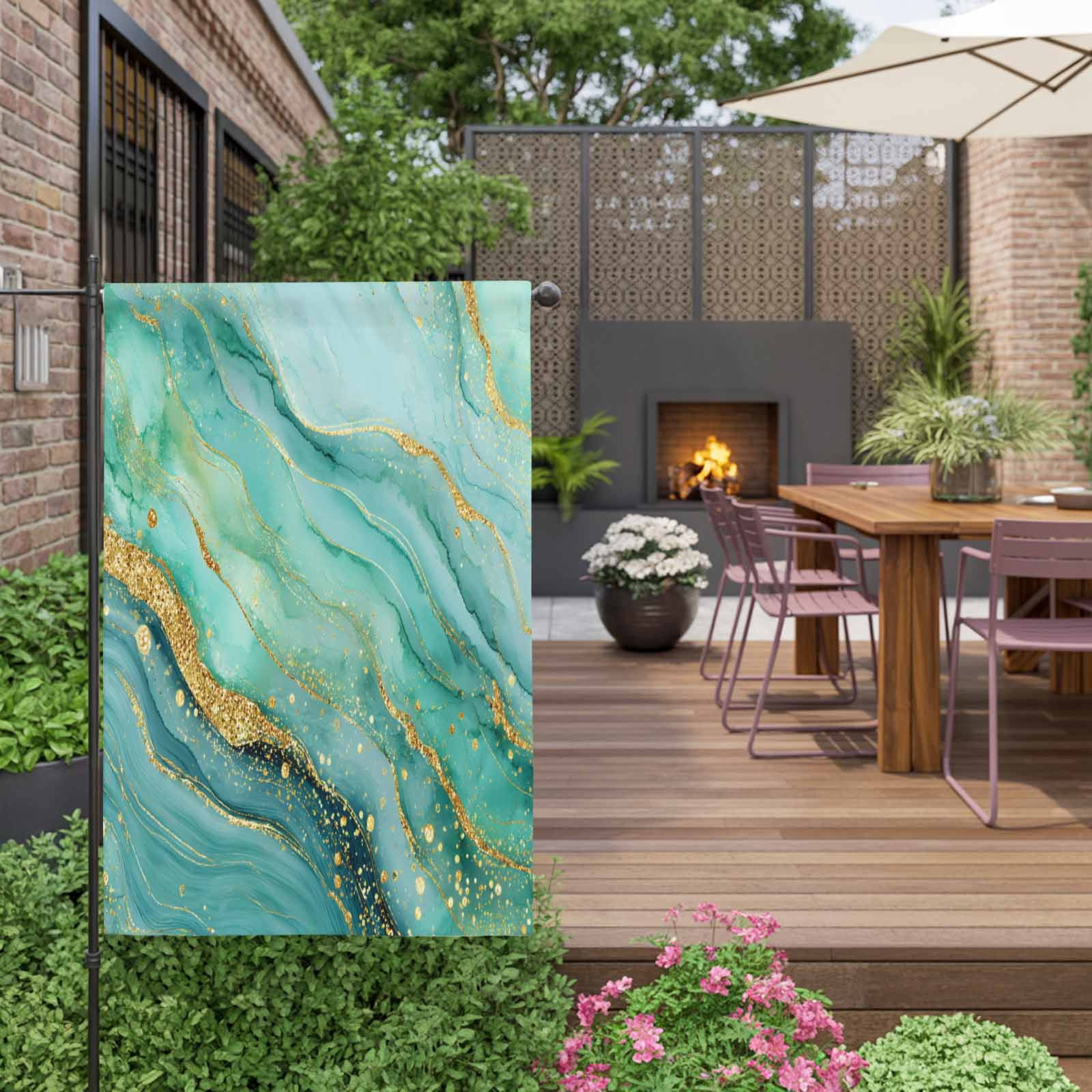 Turquoise Marble House Flag 28 x 40 Inches, Luxurious Abstract Teal Gold Water Ripples Weather Proof Outdoor Patio Flags Double Sided Small House Decoration for Yard Lawn Outside Home