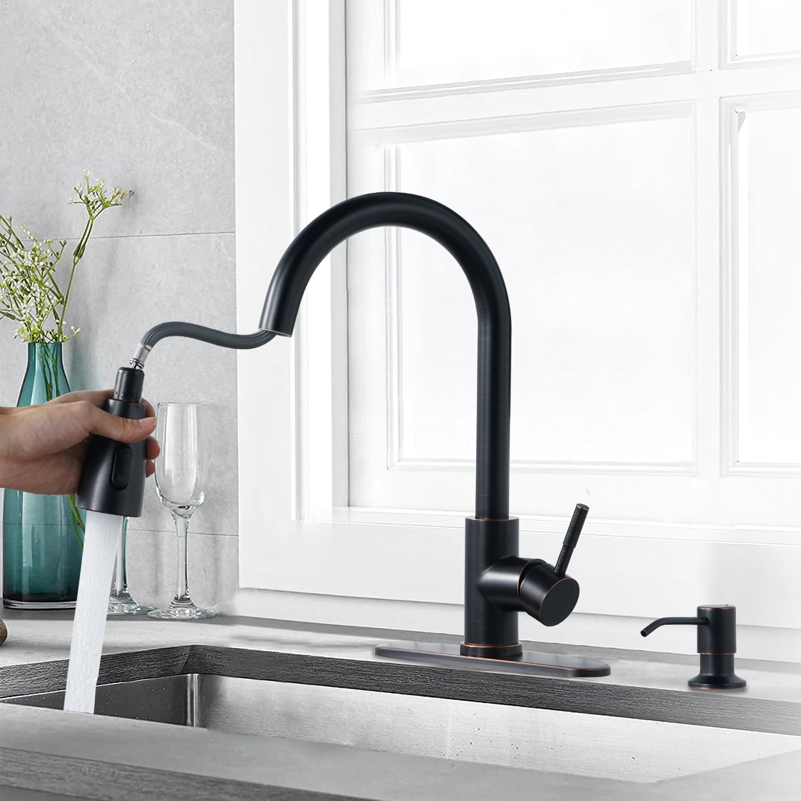 Wowow Single Handle Stainless Steel Pull Down Kitchen Faucet Oil Rubbed Bronze with Soap Dispenser