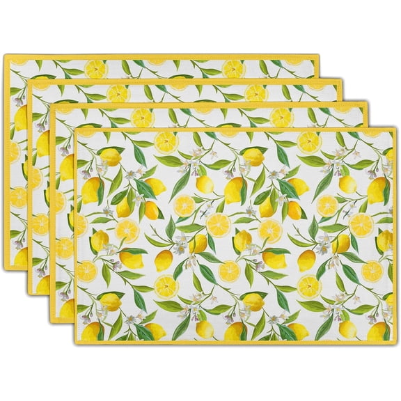 Lemon Placemats Set of 4 Yello Summer Fruit and Flowers Non Slip Heat-Resistant Washable Table Place Mats Linen Tablemats for Kitchen Dining Table Home Decoration 12" x 18"