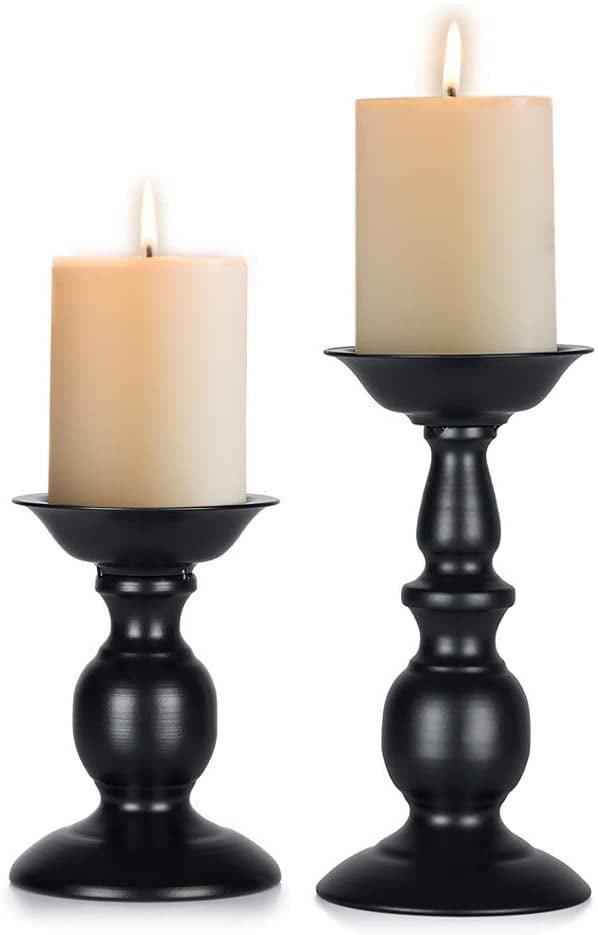 PAIR OF BLACK WOODEN RESIN CANDLESTICK HOLDERS 11" TALL 80mm CANDLE GOTHIC NEW 