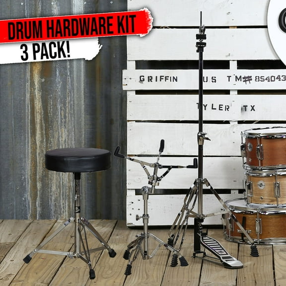 3-PACK Hi-Hat Pedal, Snare Drum Stand & Drummers Throne | Griffin Percussion Kit