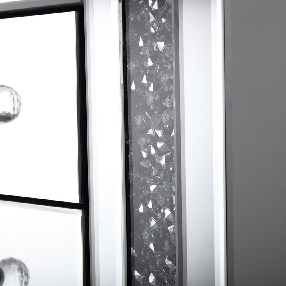 Kadyn Mirrored Bedside Cupboard with Crystal Diamond Inlay, Silver Bedside Cabinets with 3 Drawers, End Table for Bedroom Living Room