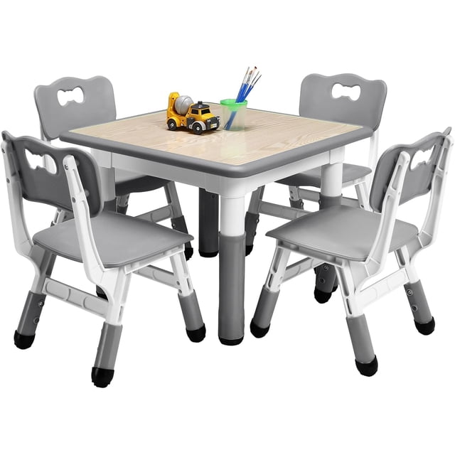 Kids Table and Chairs Set, Height Adjustable Desk with 4 Seats,Arts & Crafts Table,Graffiti Desktop, Non-Slip Legs, Max 300lbs, Children Multi-Activity Table for Classrooms,Daycares,Home,Grey