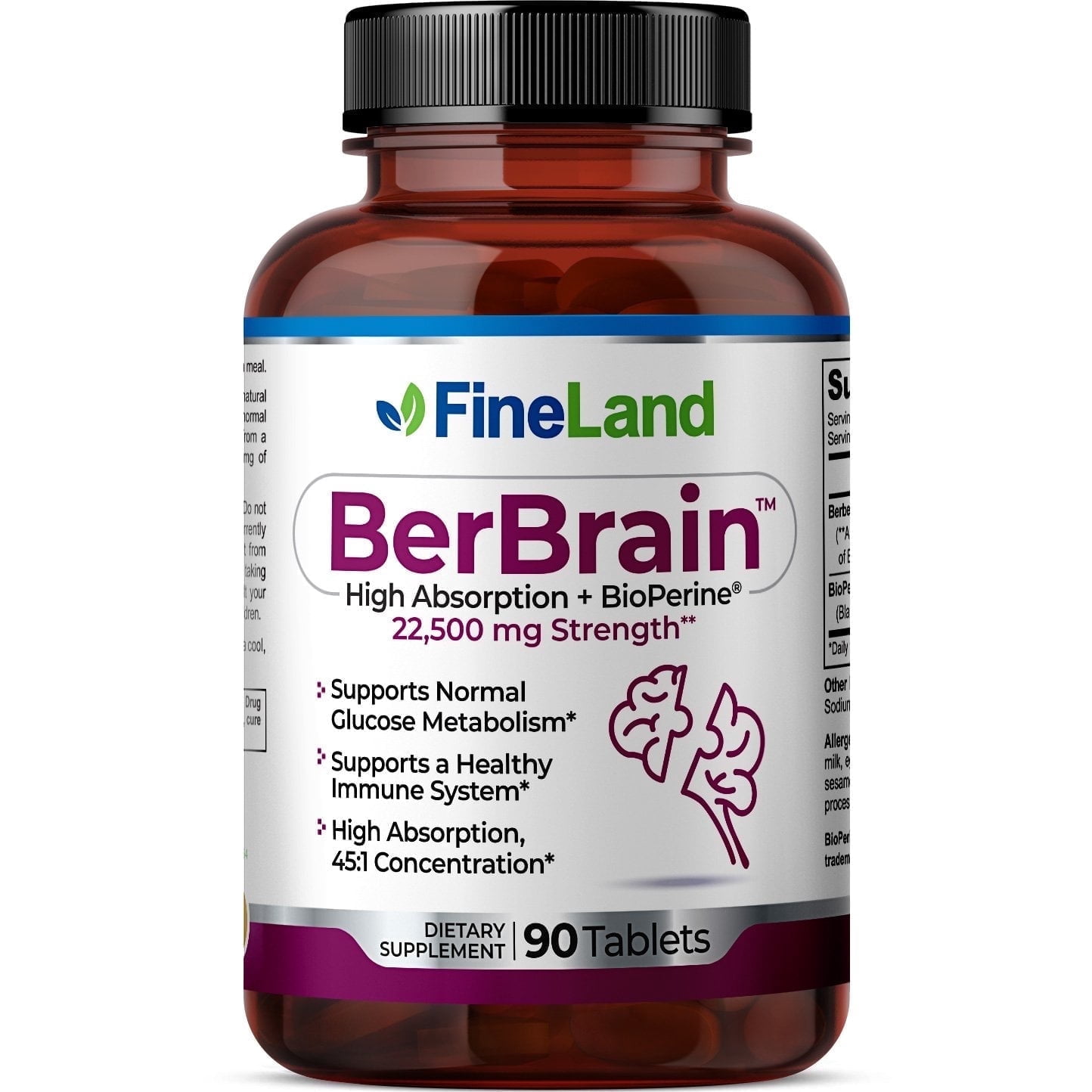 Fineland Vitamins BerBrain Berberine for Glucose Metabolism & Cognitive Function, 90 Count, 90 Tablets