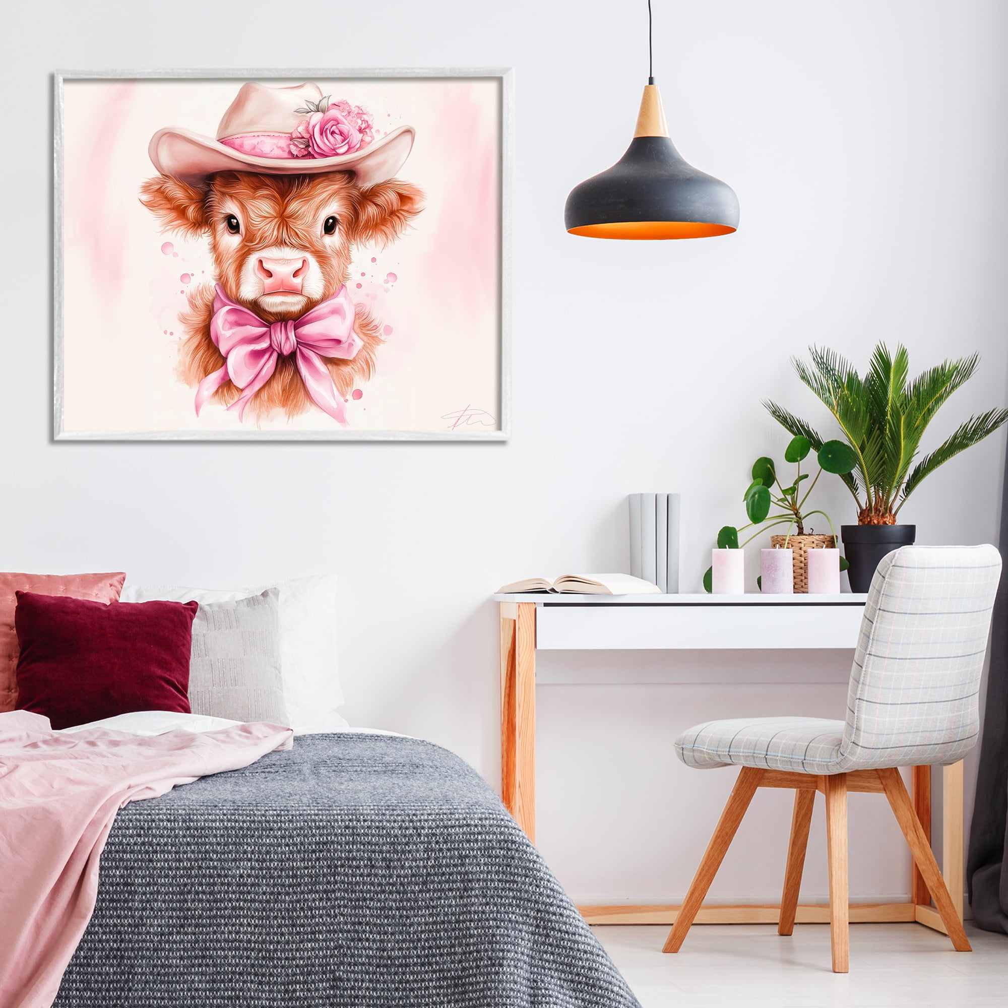 Pretty In Pink Cow White Framed Giclee Art, design by Shawna Stewart