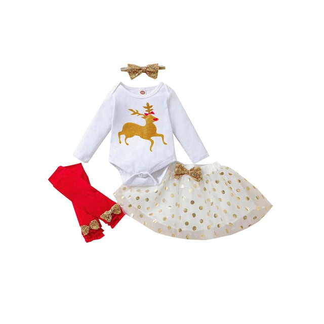 Pudcoco Tenue de Noël pour Bébé Fille, Barboteuse à Manches Longues Imprimée, Jupe en Maille